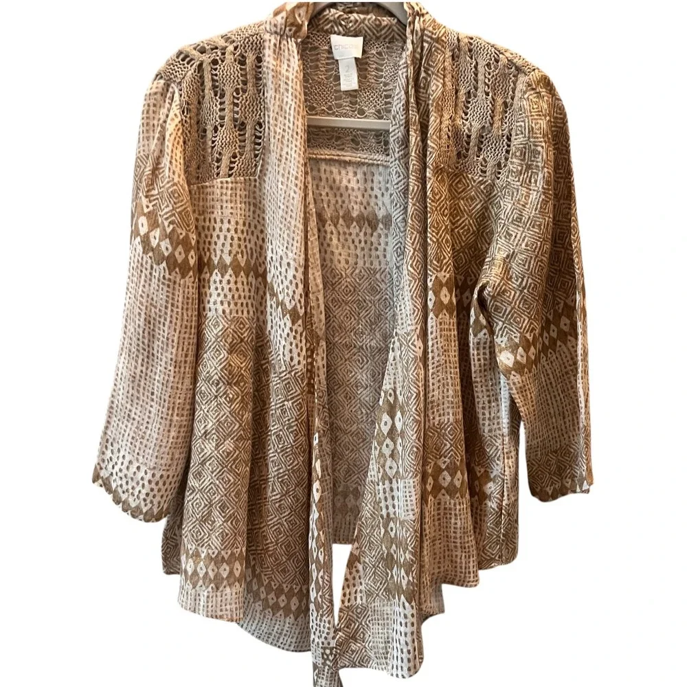 Chicos Linen Open Front Cardigan Tan Size 2 (L/XL) Kimono Boho Lagenlook Relaxed